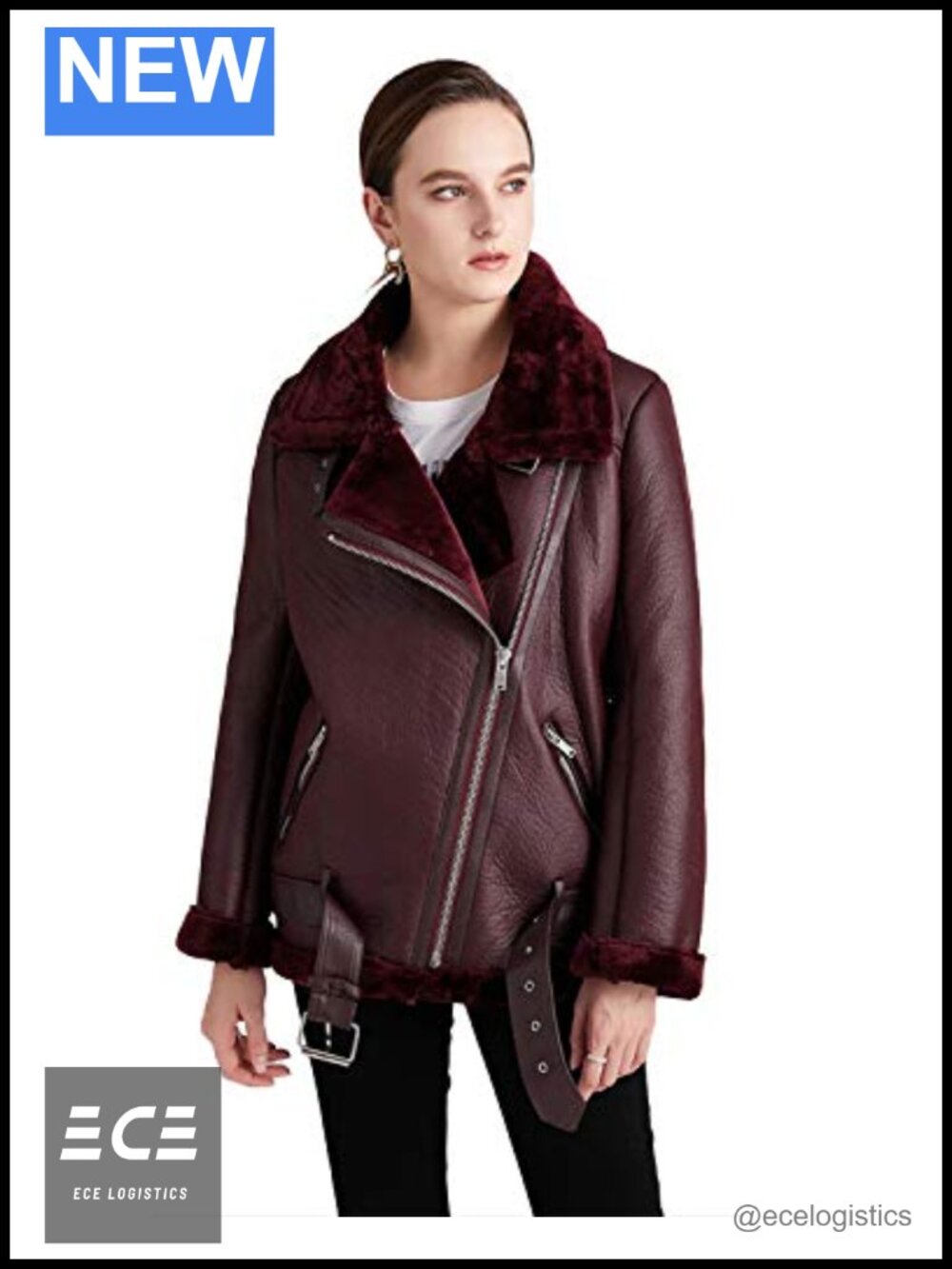 Faux Leather Moto Biker Jacket Fur Collar Zipper Warm Winter Coat